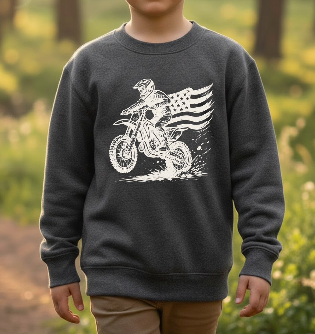 Dirt Bike American Flag Youth Crewneck