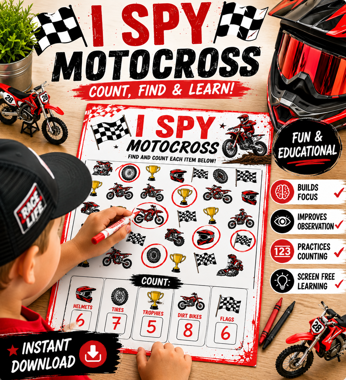 Motocross I Spy Printable Activity for Kids DIGITAL DOWNLOAD