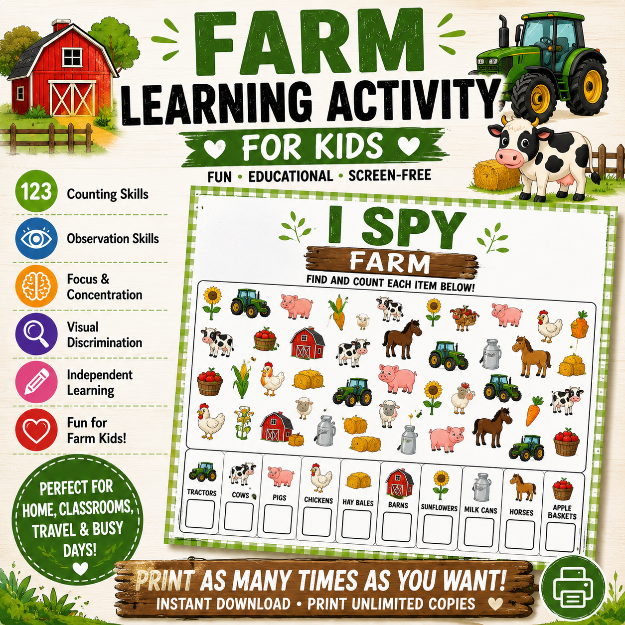 Farm I Spy Printable Activity for Kids DIGITAL DOWNLOAD