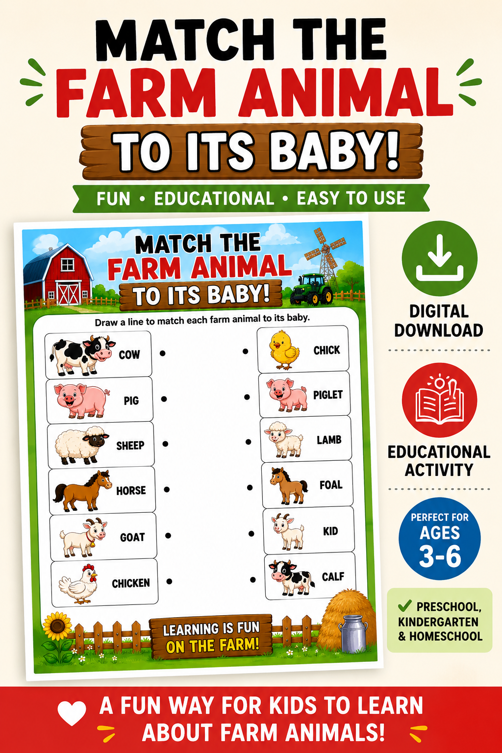 Match the Farm Animal to Its Baby DIGITAL DOWNLOAD