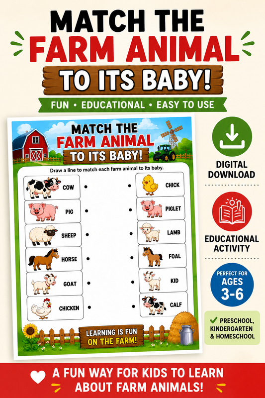 Match the Farm Animal to Its Baby DIGITAL DOWNLOAD