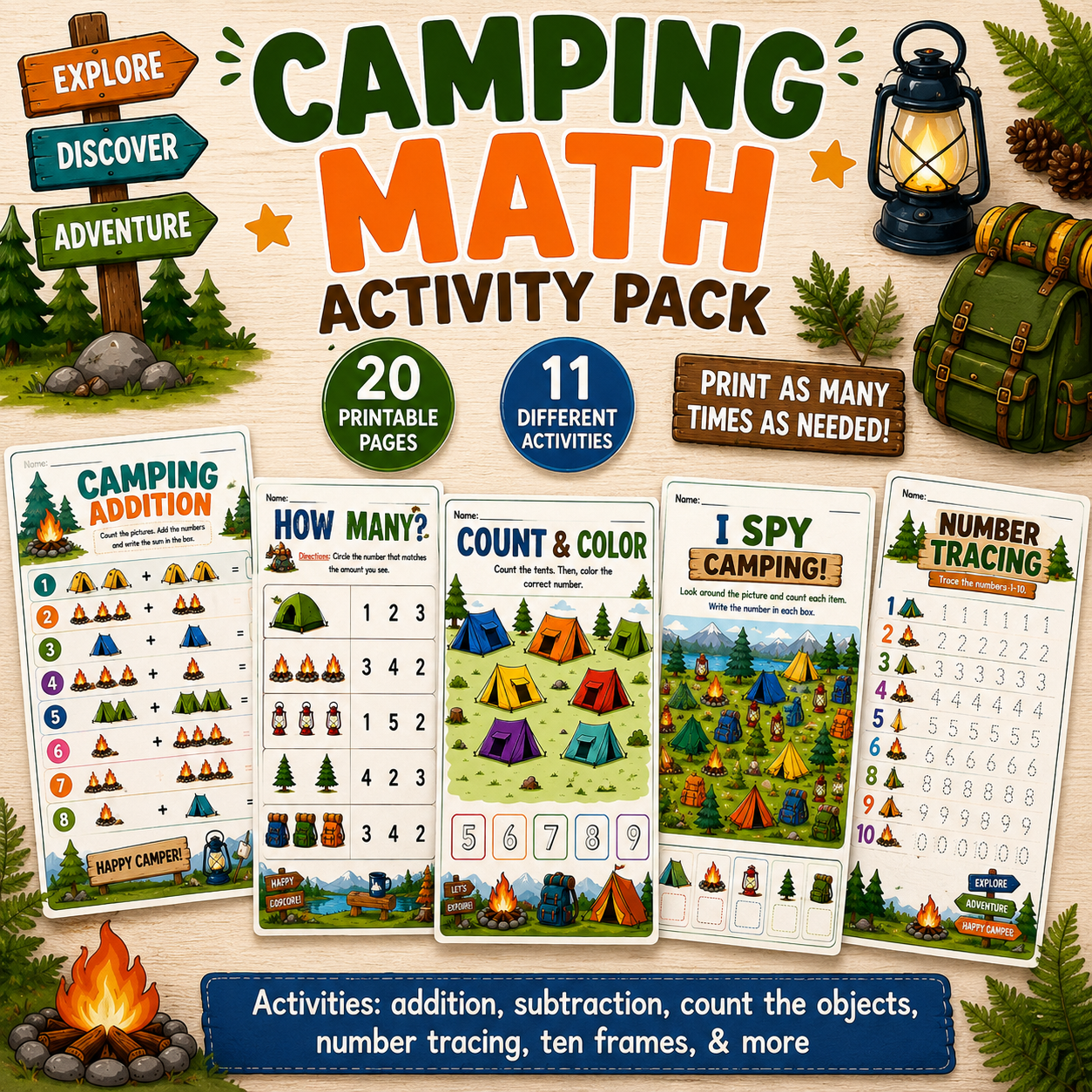 Camping Math Activity Book | Printable Preschool & Kindergarten Learning Pack DIGITAL DOWN LOAD