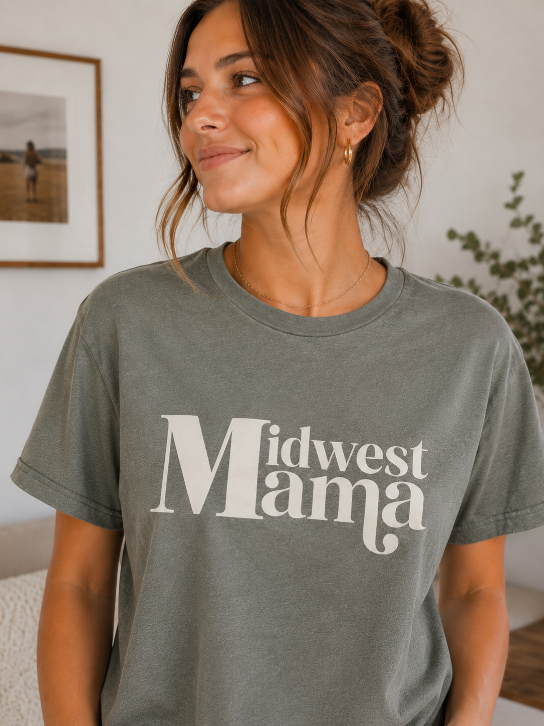 Midwest Mama graphic tee in neutral green shown on lifestyle model mockup