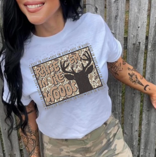 Raise 'Em in the Woods Camo Deer Graphic Tee