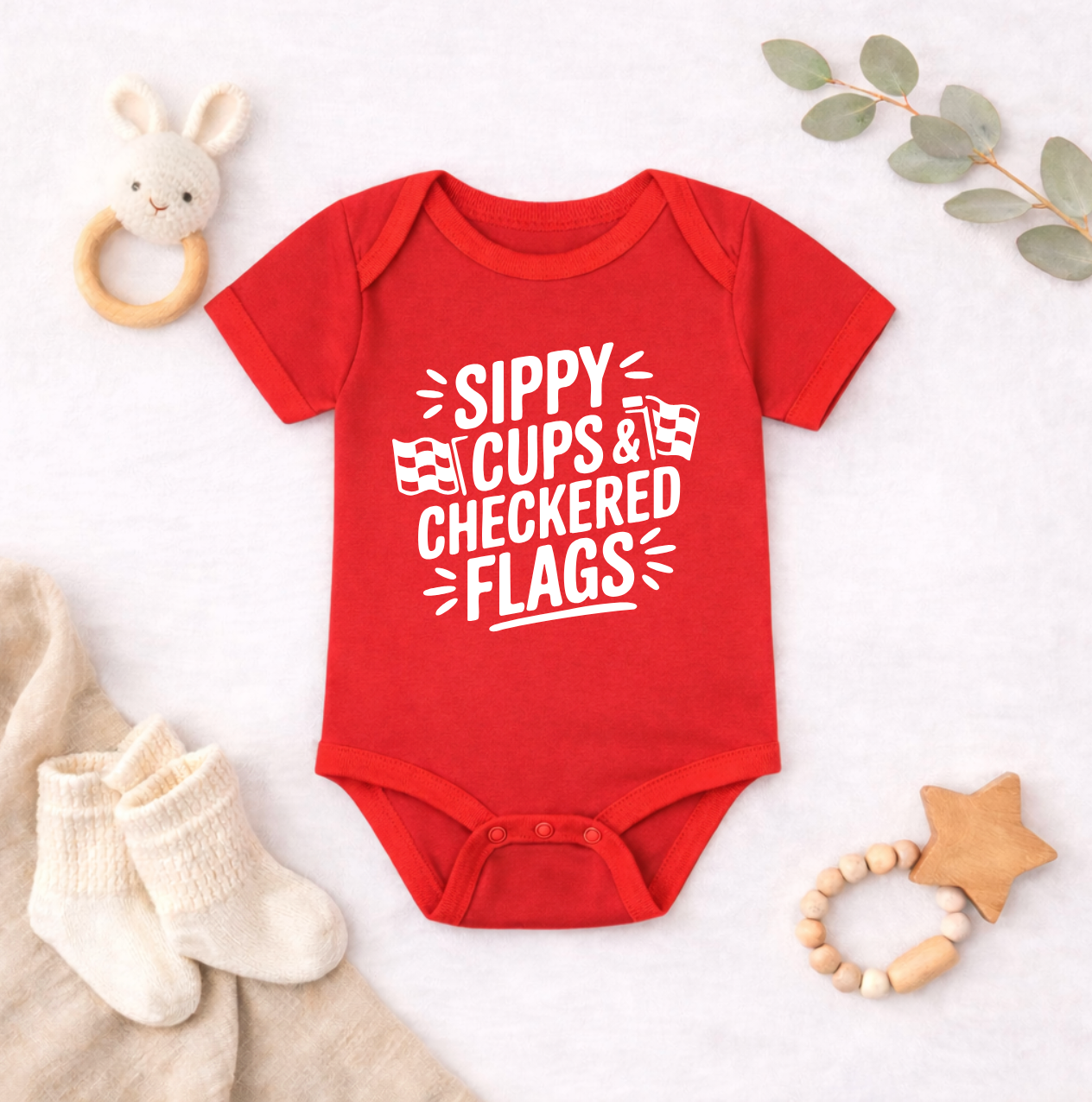 Sippy Cups & Checkered Flags Baby Bodysuit