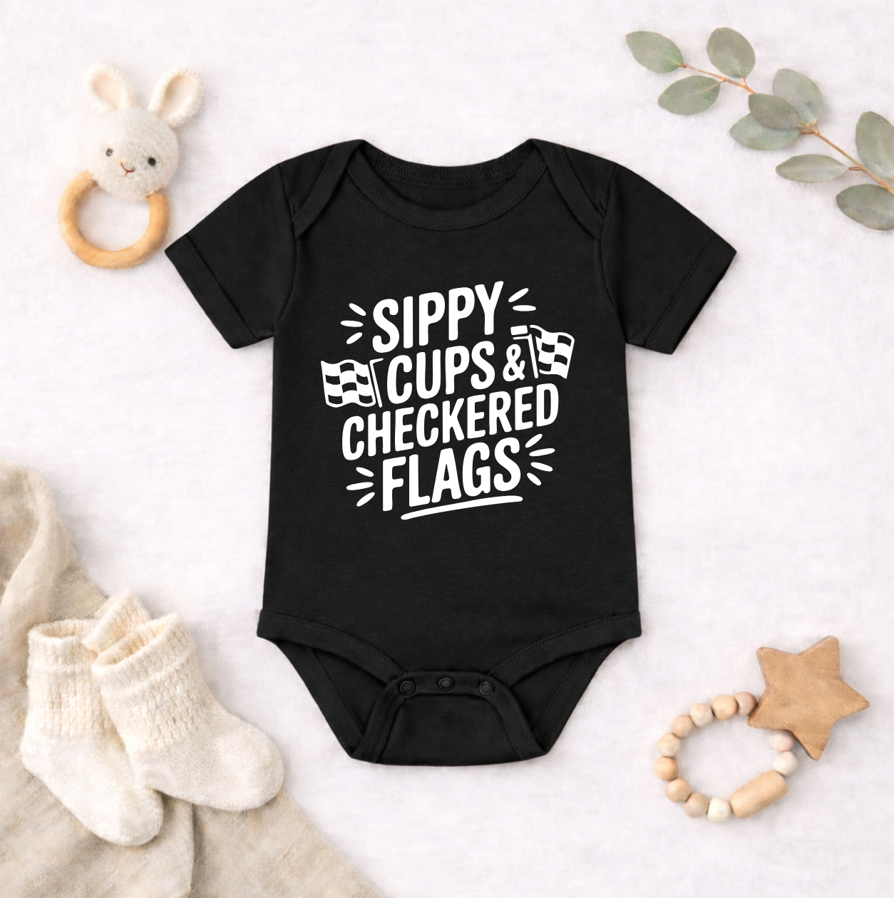 Sippy Cups & Checkered Flags Baby Bodysuit