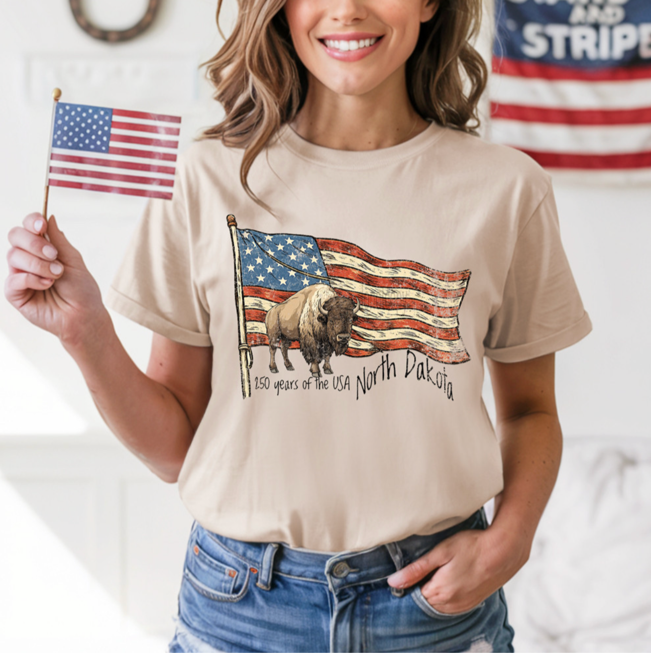 North Dakota 250 Years America Flag Tee