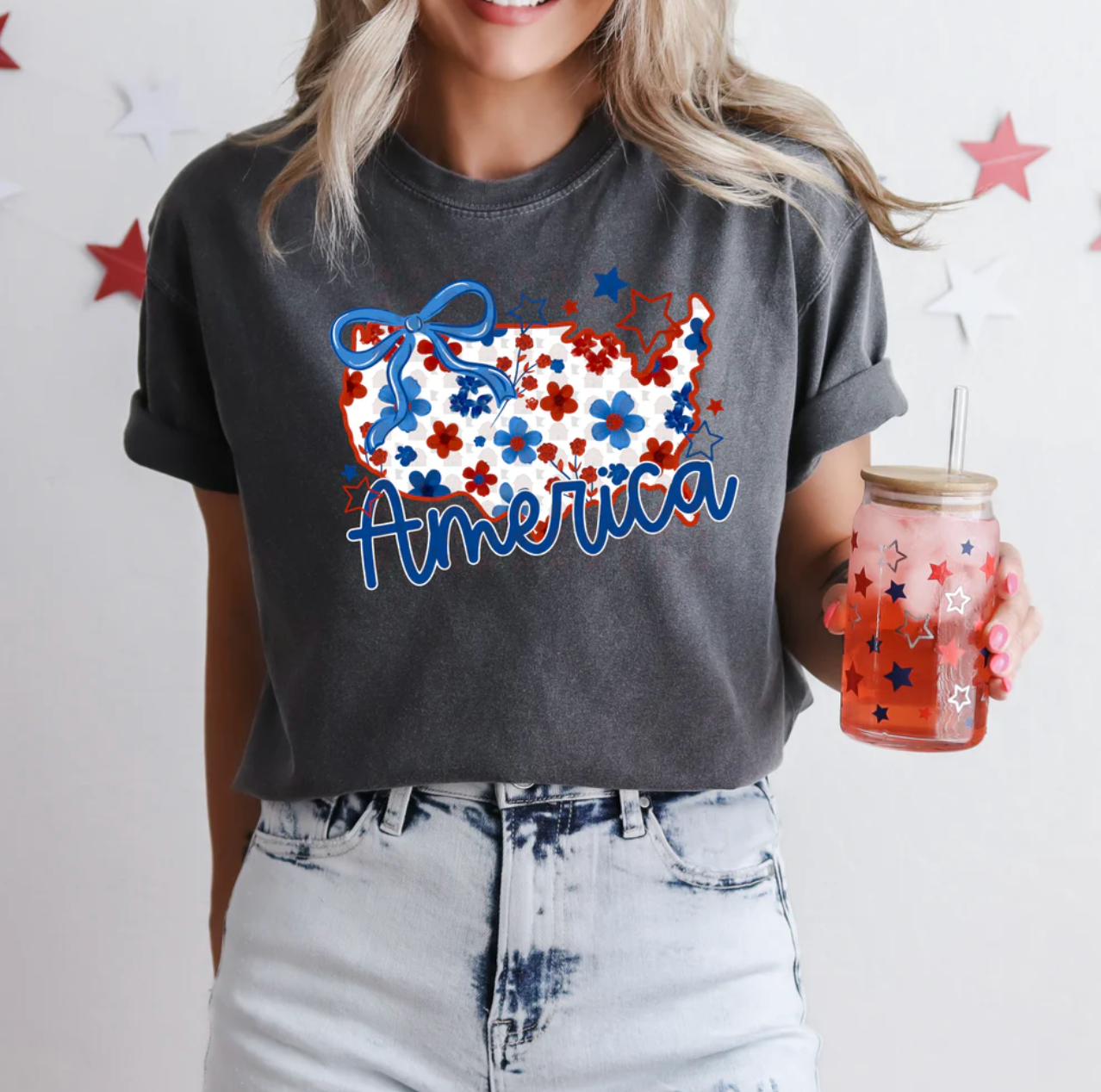 Floral America Bow Tee Graphic Shirt
