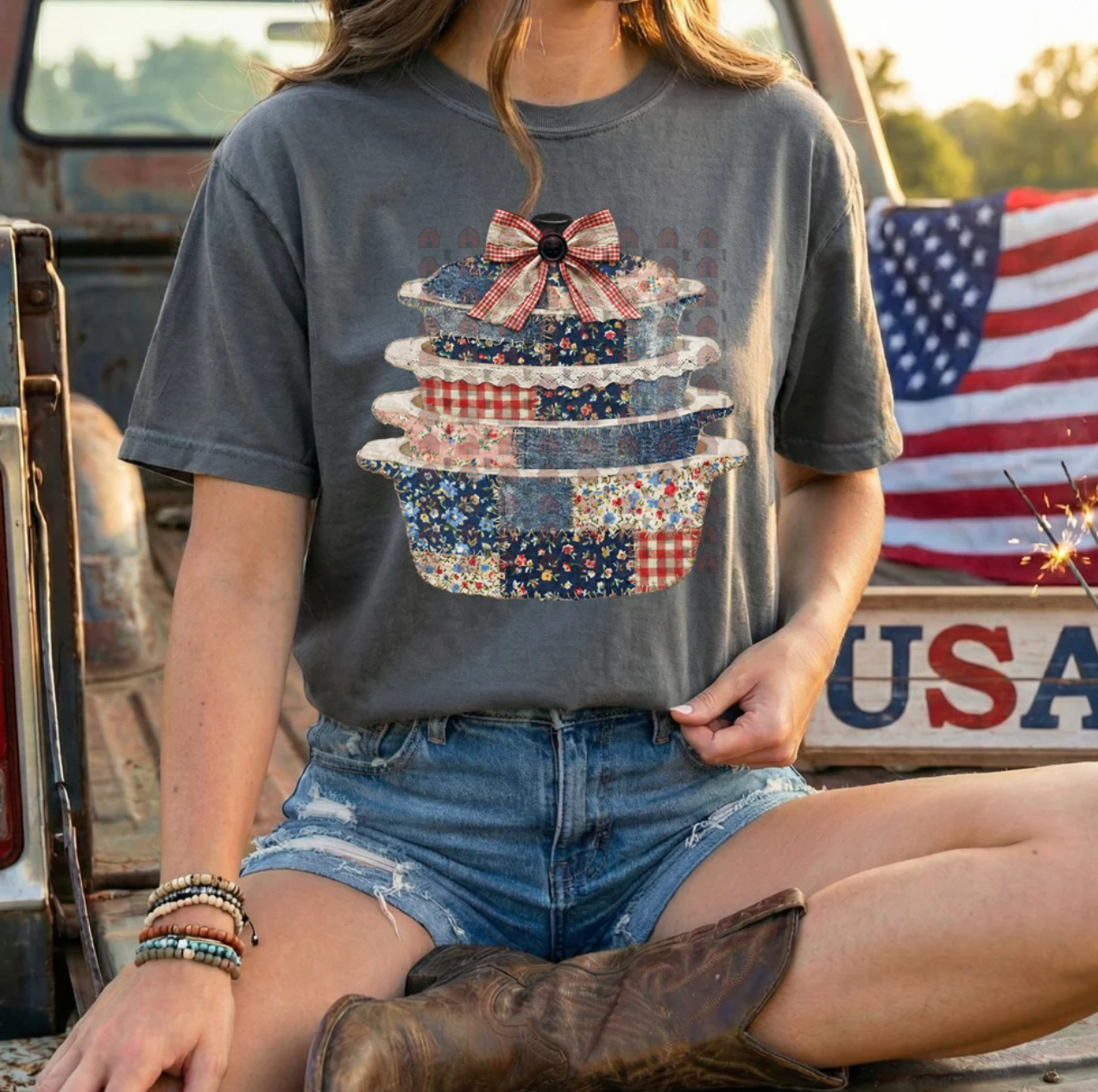 Red White And Blue Pots Patchwork Graphic Tee
