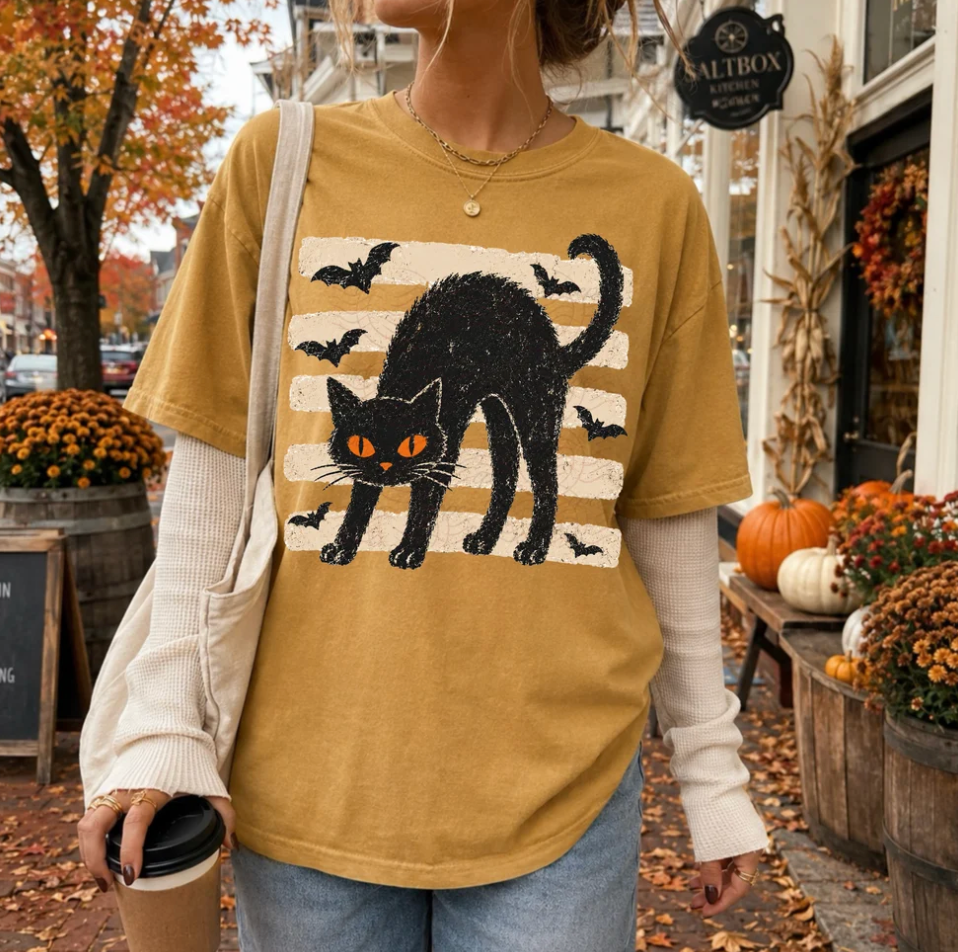 Vintage Black Cat Halloween Graphic Tee