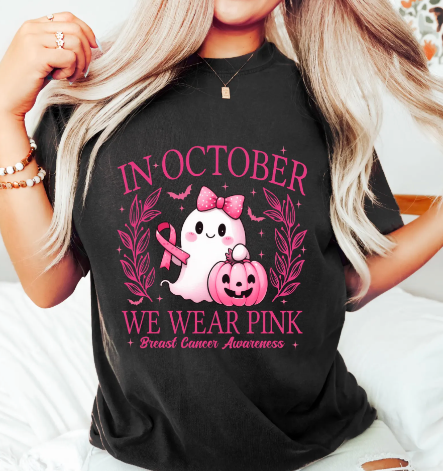 In October We Wear Pink Ghost Breast Cancer Awareness Tee
