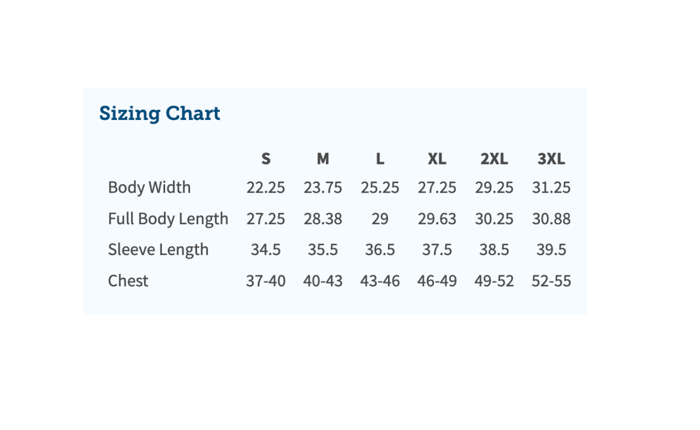 Sizing chart for clothing measurements on a white background