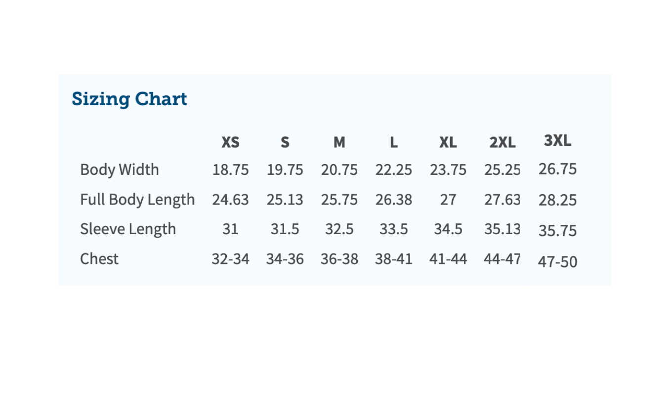 Sizing chart for clothing with measurements in centimeters