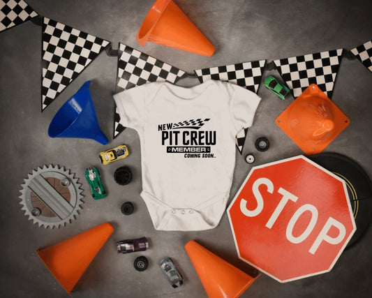 New Pit Crew Member Coming Soon Baby Bodysuit